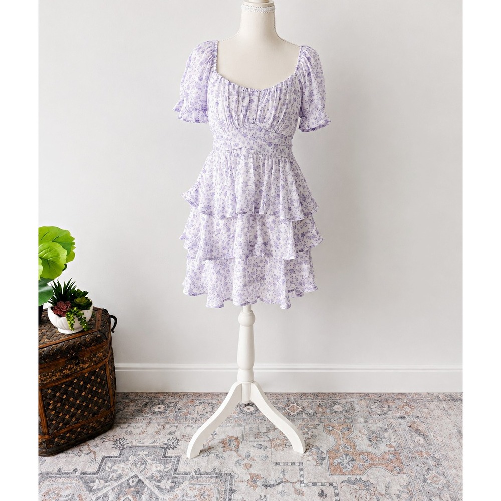Altar'd State Carsyn Floral Mini Dress Women's Medium Ivory Lilac Cottagecore